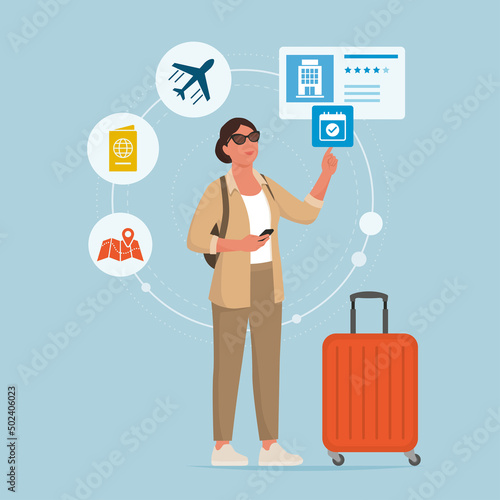 Tourist woman using travel services online