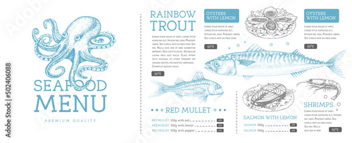 Seafood restaurant menu design with hand drawing fish. Vector illustration