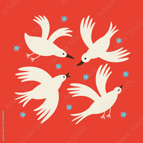 Greeting card  vector illustration with four  birds  on a red