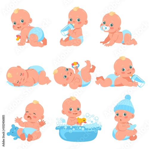 Newborn baby boy. Little child in diaper. Different emotions and everyday actions. Infant eating or bathing. Kid sleeping and playing with toys. Infancy age. Vector funny toddlers set