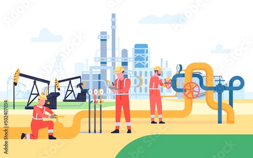 Oil gas workers. Petroleum pipeline engineers. Factory work people. Energy resources. Rigs and pumps. Fossil resource. Fuel products industry. Petrol production workers. Vector concept