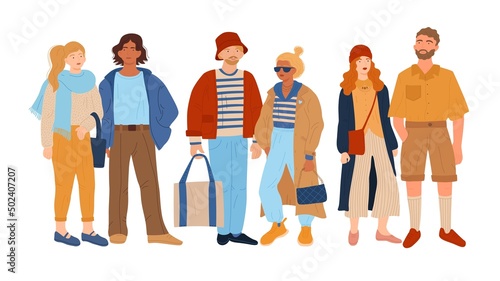 People in casual wear. Urban street style men and women outfits. Young fashionistas characters. Couples in modern cozy clothes. Stylish garments and accessories. Vector persons set