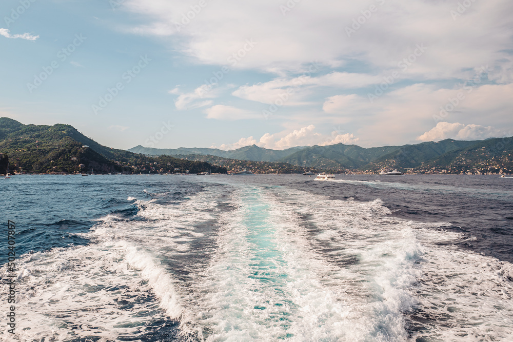 Naklejka premium PORTOFINO, ITALY - JULY 2021: Sailing in the bay of Portofino