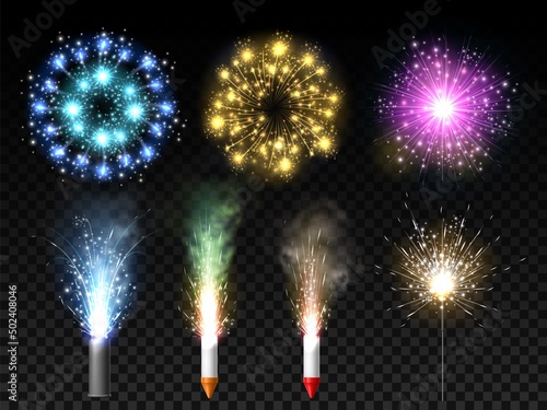 Realistic pyrotechnics. Festive fireworks types. 3D holiday explosions and roman candles. Rockets and sparkling fountain. Bengal light. Glowing petard bursts. Vector firecrackers set photo