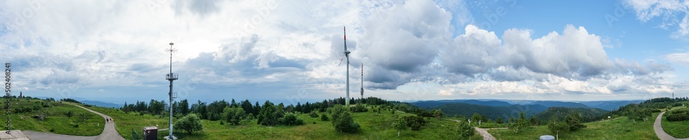 Panorama on the Hornisgrinde with telecommunications tower and wind power stations near Seebach, Black Forest, Baden-Wurttemberg, Germany, Europe