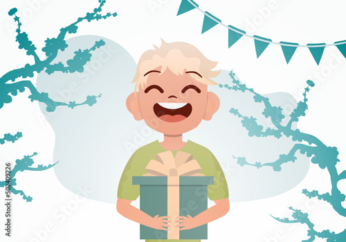 Smiling preschool boy holding a box with a bow. Birthday. Cartoon style.