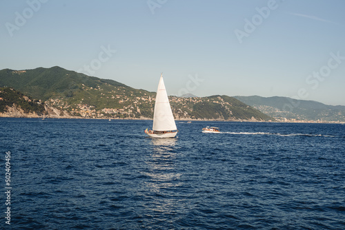PORTOFINO, ITALY - JULY 2021: Sailing in the bay of Portofino