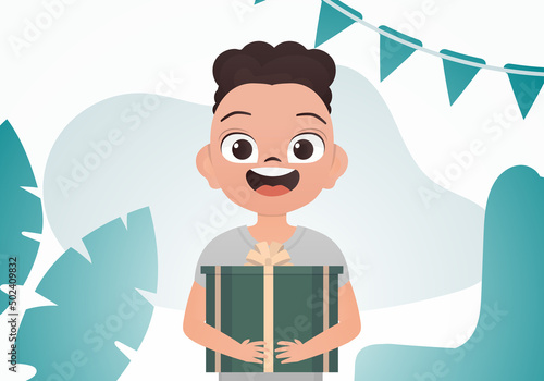 A little boy is holding a box with a bow. Birthday. Cartoon style.