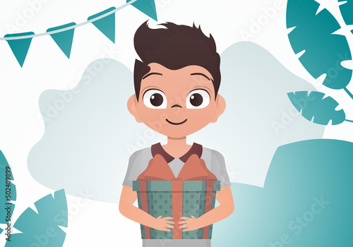 A little boy is holding a gift box. Birthday. Cartoon style.