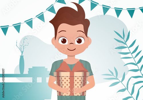 A little boy is holding a big beautiful box with a bow in his hands. Birthday. Cartoon style.