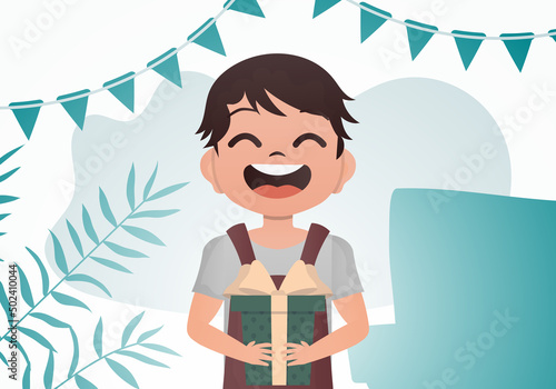 A little boy is holding a gift box in his hands. Birthday. Cartoon style.