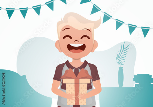 A little boy is holding a box with a bow in his hands. Birthday. Cartoon style.
