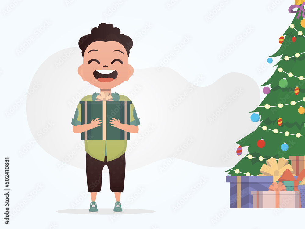 A smiling preschool boy stands and holds a box with a bow in his hands. New Year. Cartoon style. A smiling preschool boy stands and holds a box with a bow in his hands. New Year. Cartoon style.