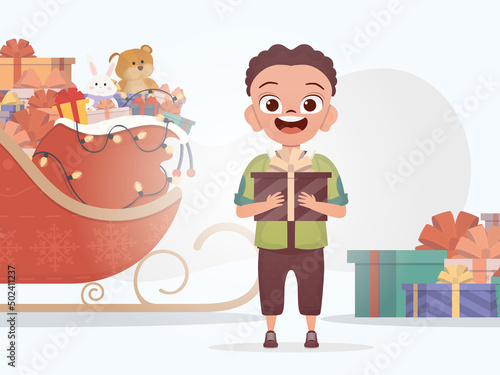 A little boy is holding a gift box. New Year. Cartoon style.