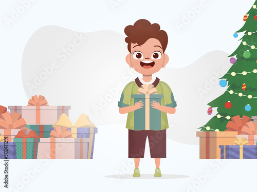 A little boy is holding a box with a bow. Christmas. Cartoon style.