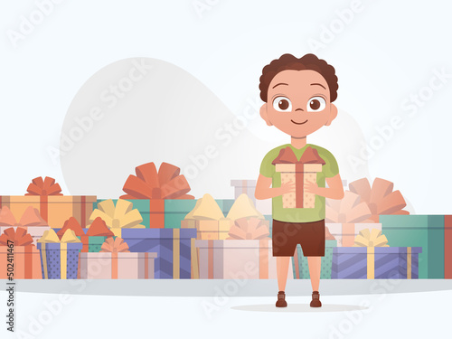 A little boy is holding a beautiful box. Christmas. Cartoon style.