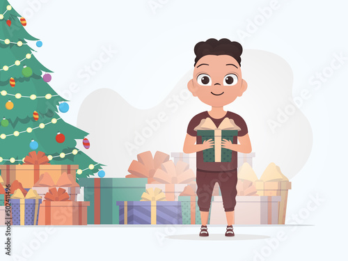 A little boy is holding a beautiful box. New Year. Cartoon style.