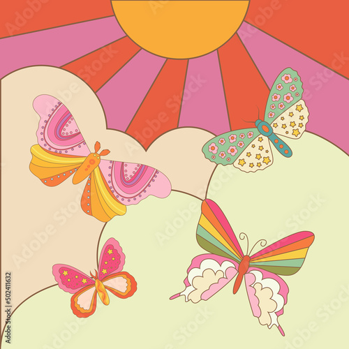 Retro daisies with butterflies and sparkles. Summer simple minimalist flowers.