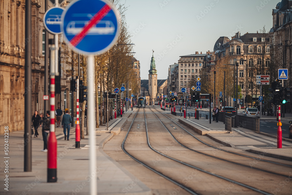 Obraz na płótnie Luxembourg/April 2022: the modern tram line in the city w salonie