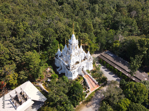 Aerial shot of white Wat Phra Tamo temple in Chiang Mai Province, Thailand. photo