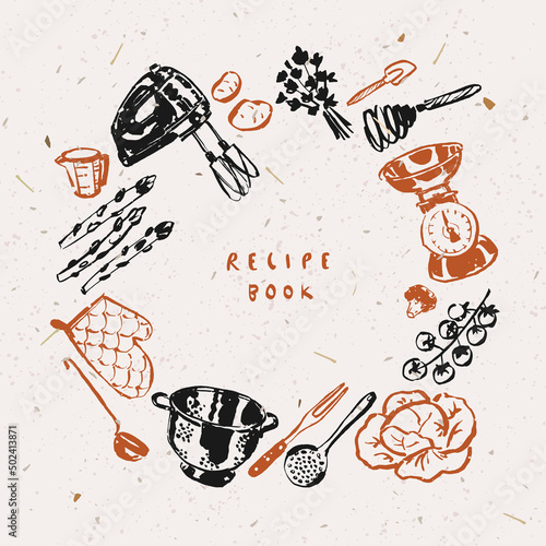 Hand drawn culinary illustration, kitchen utensil art, recipe book cover title