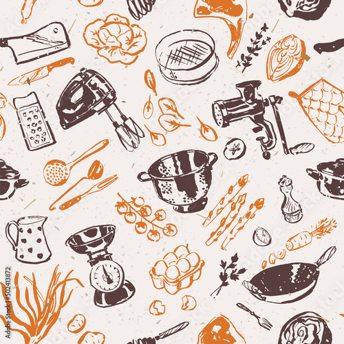 Kitchen utensils background, cookbook seamless pattern, culinary tools and supplies, illustration for recipe book backgrounds, cards, posters, banners, textile prints, web design