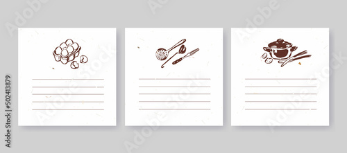 Blank sticker pages for making notes about meal preparation and cooking ingredients. Recipe sheets decorated with kitchen utensils and vegetable drawings