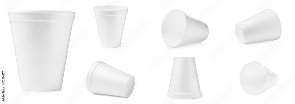 Set with styrofoam cups on white background. Banner design Set with styrofoam cups on white background. Banner design