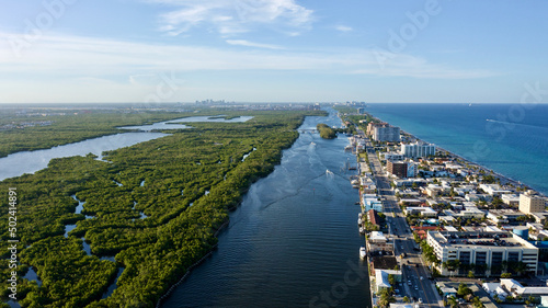 Aerial view of Hollywood Beach on the coast of the sea on a sunny day in Florida photo