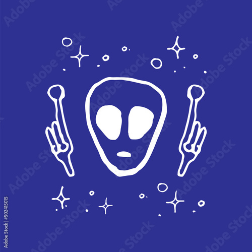 alien head and hands illustration on blue space