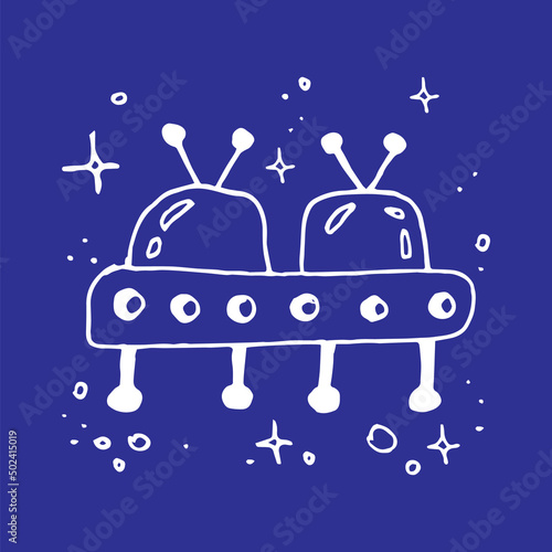 Alien spaceship doodle illustration in vector on blue space