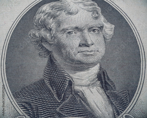 Closeup shot of the portrait of Thomas Jefferson on the US 2 Dollar Bill photo