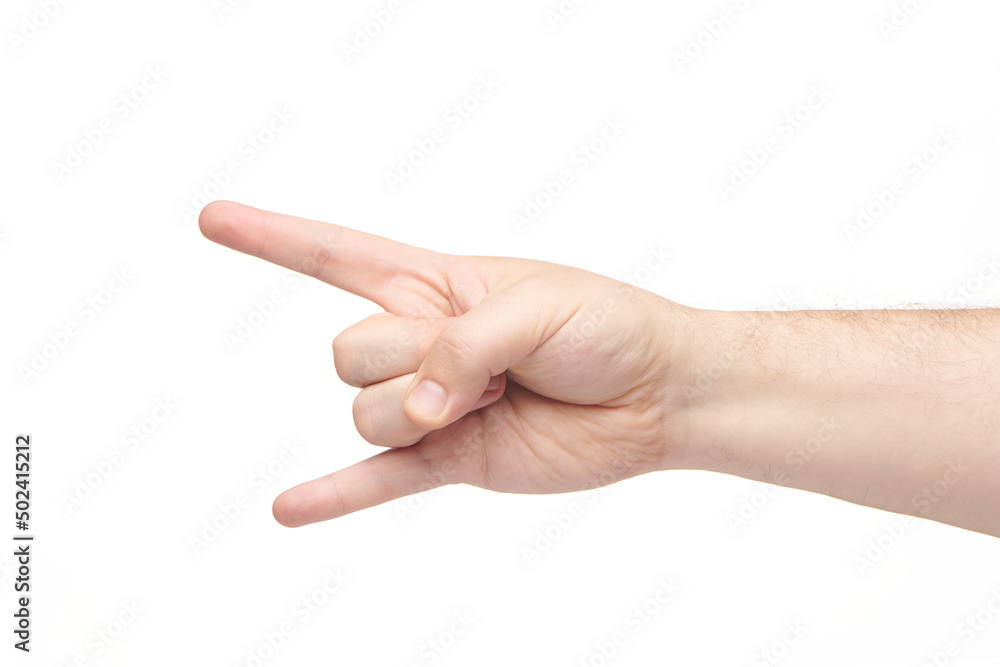 Rock on hand gesture isolated on white background. Brutal man's palm showing heavy metal gesture. Finger gestures. Rock on hand gesture isolated on white background. Brutal man's palm showing heavy metal gesture. Finger gestures.