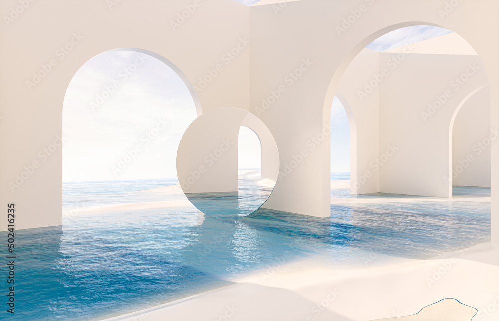 Fototapeta premium Abstract summer landscape scene with geometric form. ocean beach view. 3d rendering.