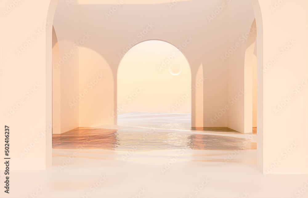 Abstract summer landscape scene with geometric form. ocean beach view. 3d rendering.