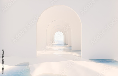 Abstract summer landscape scene with geometric form. ocean beach view. 3d rendering.