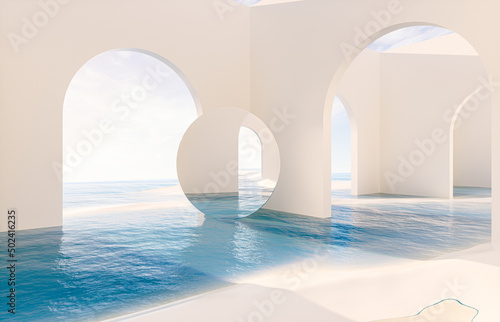 Abstract summer landscape scene with geometric form. ocean beach view. 3d rendering. © mim.girl
