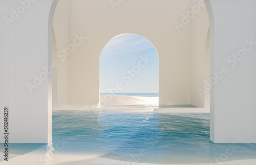 Abstract summer landscape scene with geometric form. ocean beach view. 3d rendering.