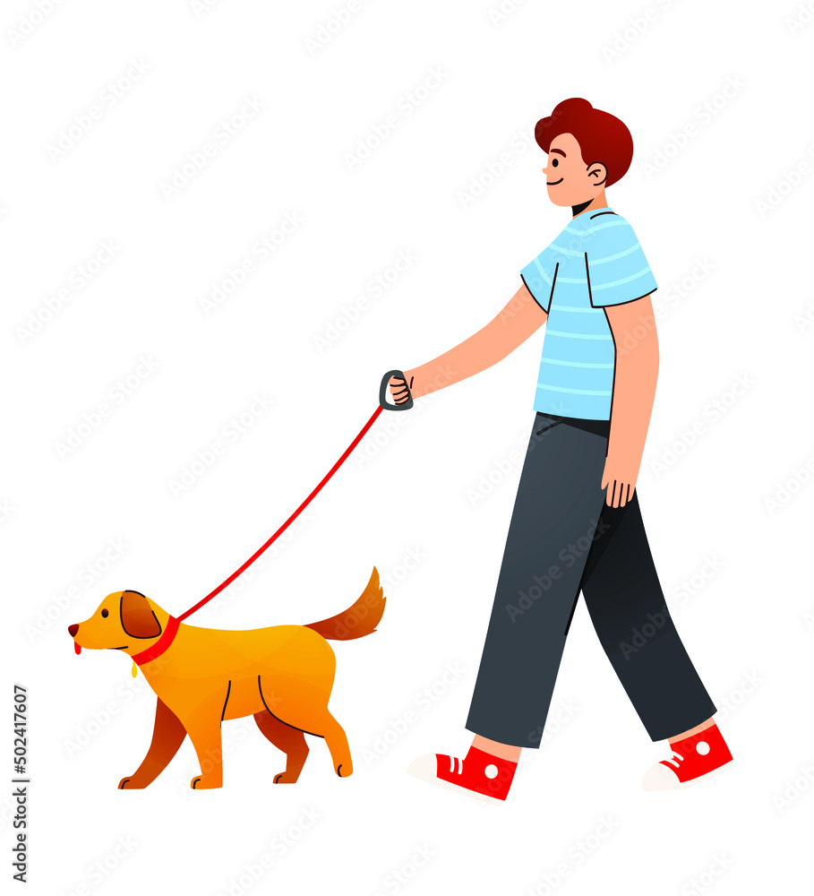 Pet owners. Young man walking with his cute dog. Happy pet owner ...