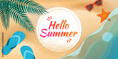 Hello summer beach with sea waves banner