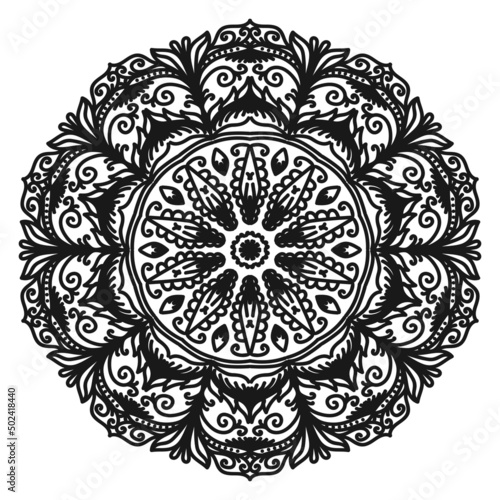 Circular pattern of a mandala for henna. Decorative black ornament on a white background. Antistress coloring book page.