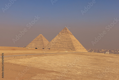 Giza, Egypt -  November 14, 2021: The great ancient Pyramids of Giza, Egypt