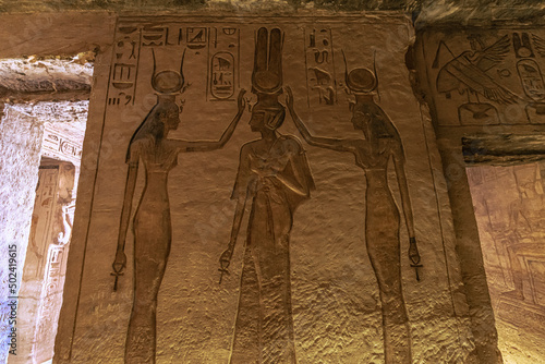 Abu Simbel, Egypt -  November 16, 2021: Inside the great ancient Egyptian temple of Nefertari at Abu Simbel, Egypt