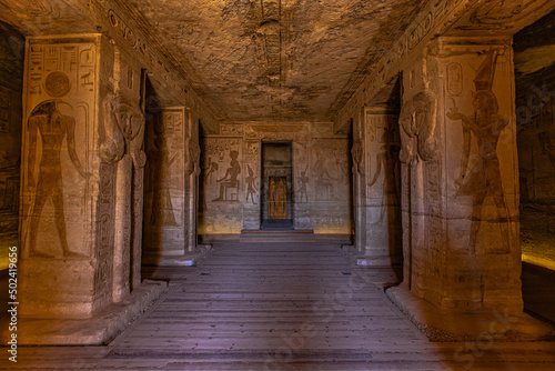 Abu Simbel, Egypt -  November 16, 2021: Inside the great ancient Egyptian temple of Nefertari at Abu Simbel, Egypt