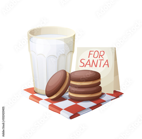 Christmas illustration with chocolate bisquits and glass of mils for Santa, holiday cookies for santa claus cartoon vector icons isolated on white background