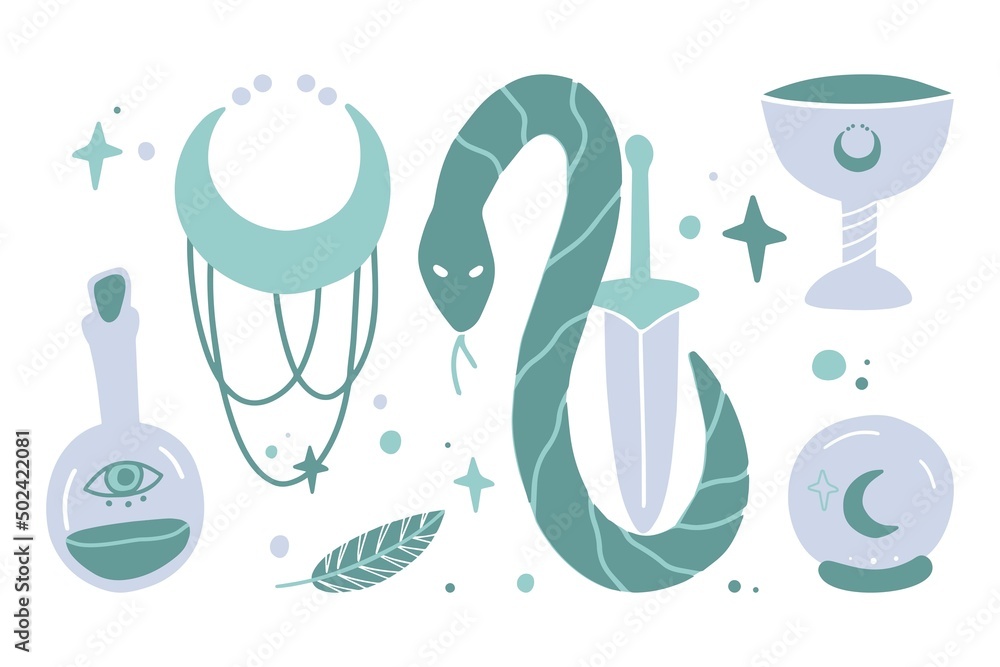 Mystic line elements. Magic icons hand drawn doodle minimalistic mysterious objects. Vector witch magic design elements.