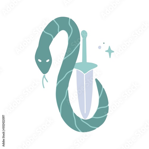 Snake and sword, hand drawn doodle minimalistic mysterious object.
