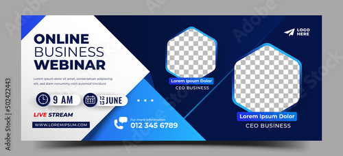 Business webinar horizontal banner design template. Editable modern banner with blue background and place for the photo. Usable for banner, cover, and header.