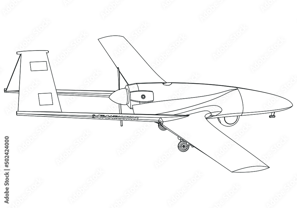Military drone isolated on white background. Vector Military machine. Bayraktar TB2 silhouette. Military drone isolated on white background. Vector Military machine. Bayraktar TB2 silhouette.