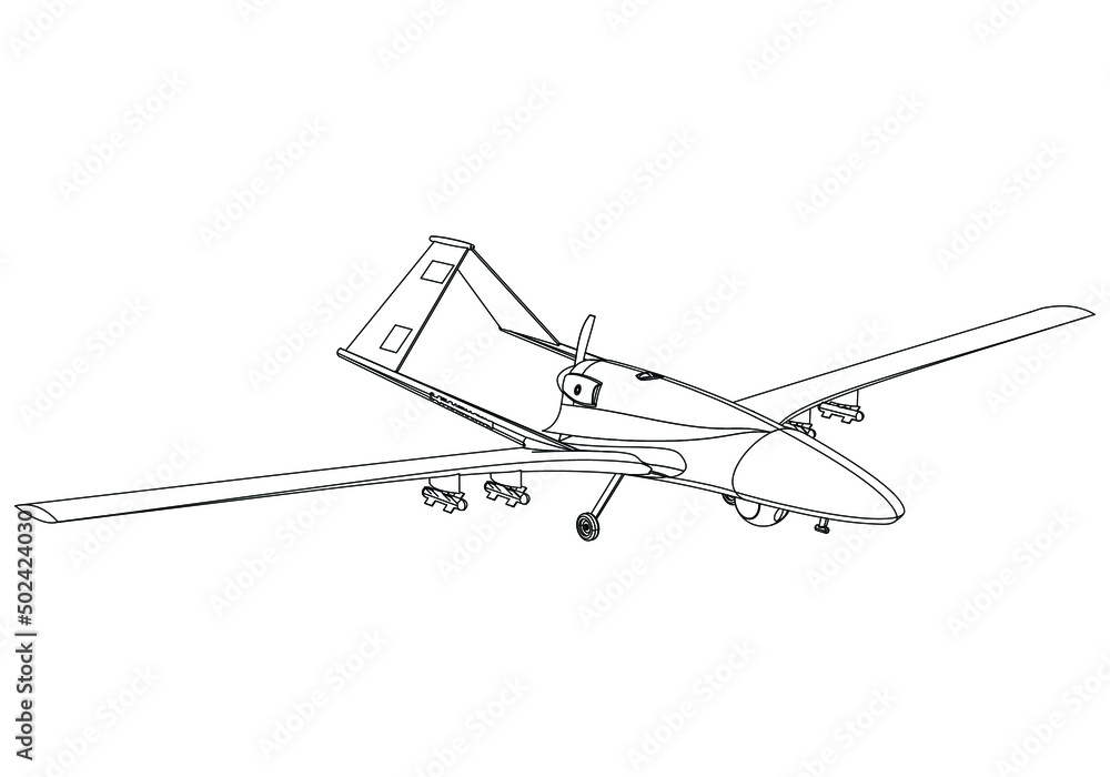 Military drone isolated on white background. Vector Military machine. Bayraktar TB2 silhouette. Military drone isolated on white background. Vector Military machine. Bayraktar TB2 silhouette.